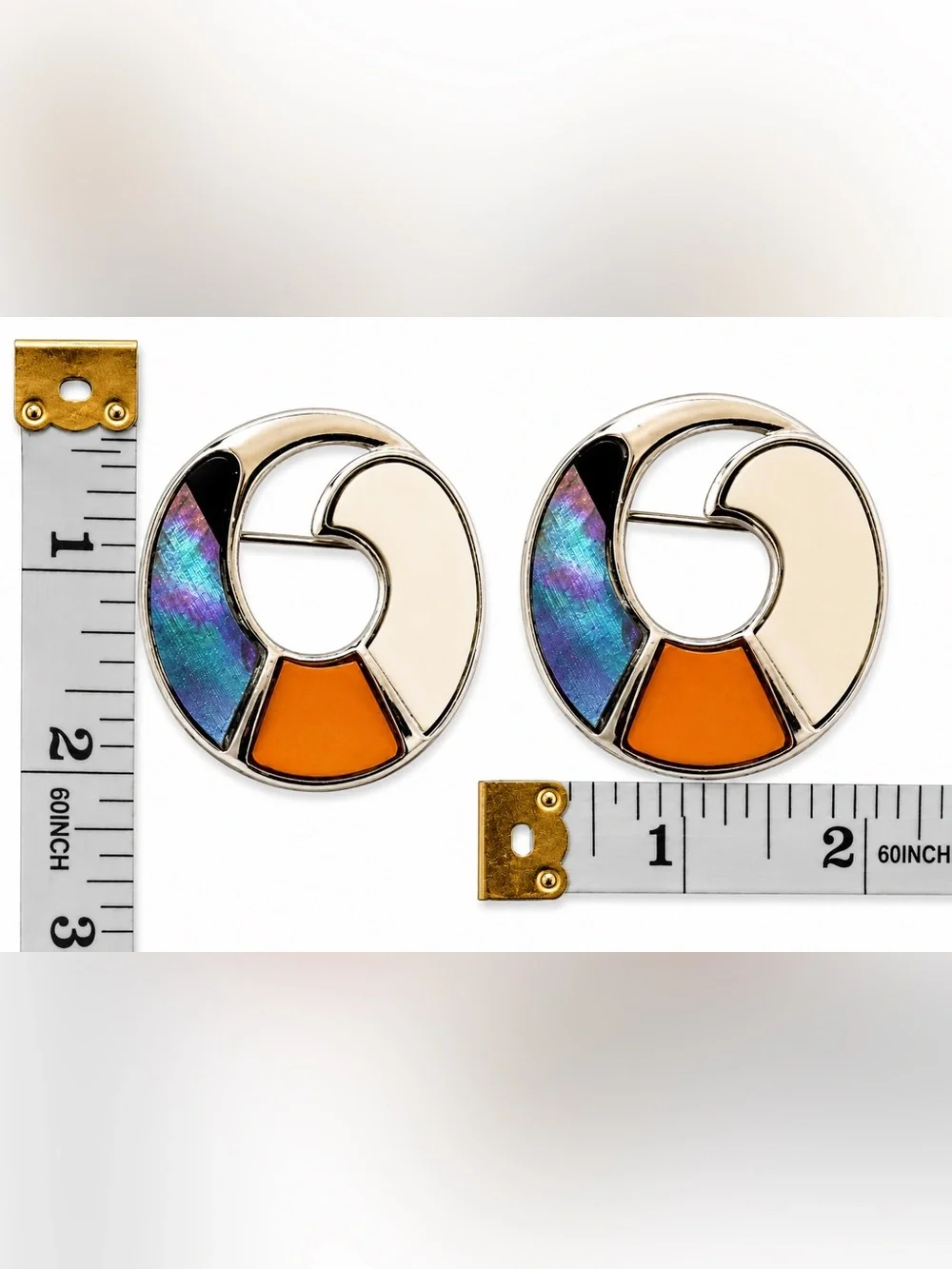 New‎ Modern Geometric Enamel Brooch Pin – Gray Iridescent, Ivory & Amber Orange